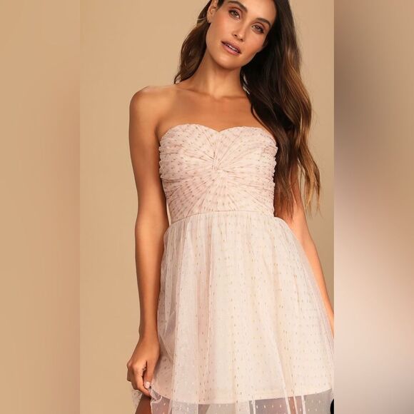 Lulus Destined for Dancing Pink Polka Dot Mesh Strapless Mini Tule Dress Size L - Picture 4 of 11